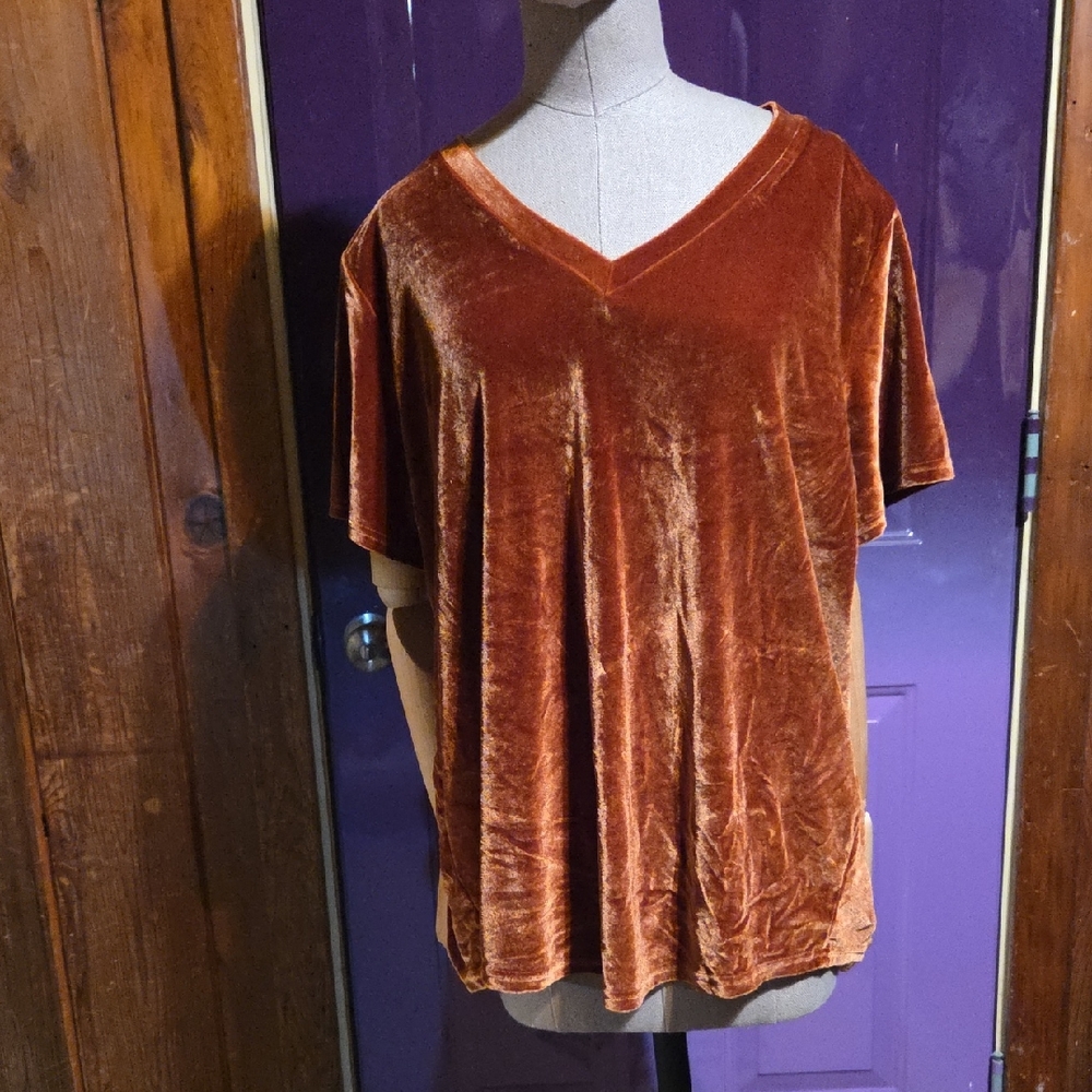 Orange Crushed Velvet Top V Neck Tee